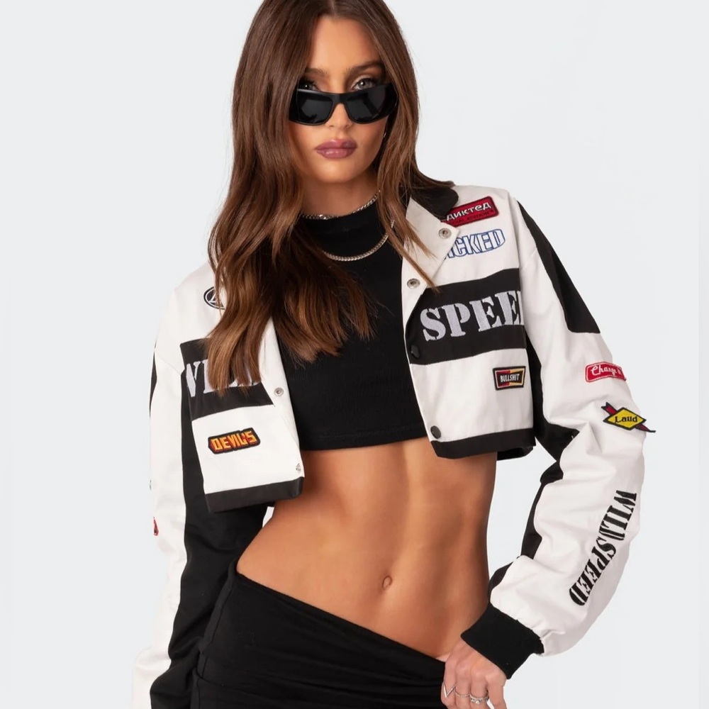 Size S Edikted black and white Lenni patch cropped Wild Speed long sleeve jacket - Picture 12 of 13